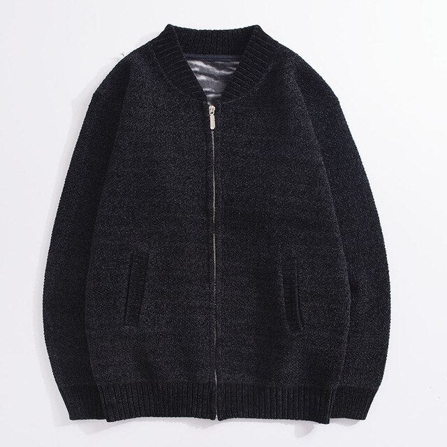 Autumn and winter knit jacket men's thick stand collar solid color plus velvet sweater cardigan men's casual jacket