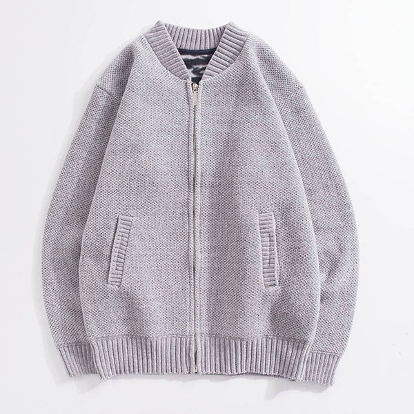 Autumn and winter knit jacket men's thick stand collar solid color plus velvet sweater cardigan men's casual jacket