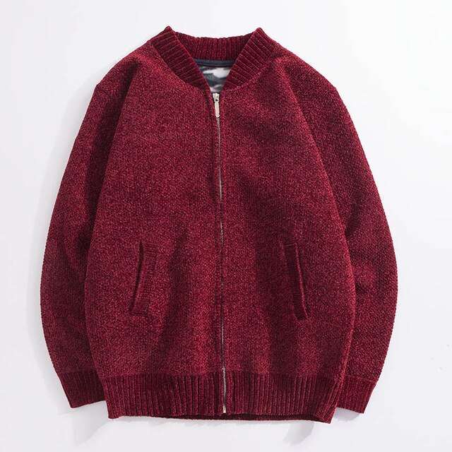 Autumn and winter knit jacket men's thick stand collar solid color plus velvet sweater cardigan men's casual jacket
