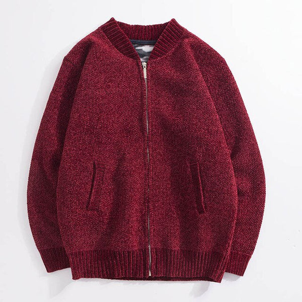 Autumn and winter knit jacket men's thick stand collar solid color plus velvet sweater cardigan men's casual jacket