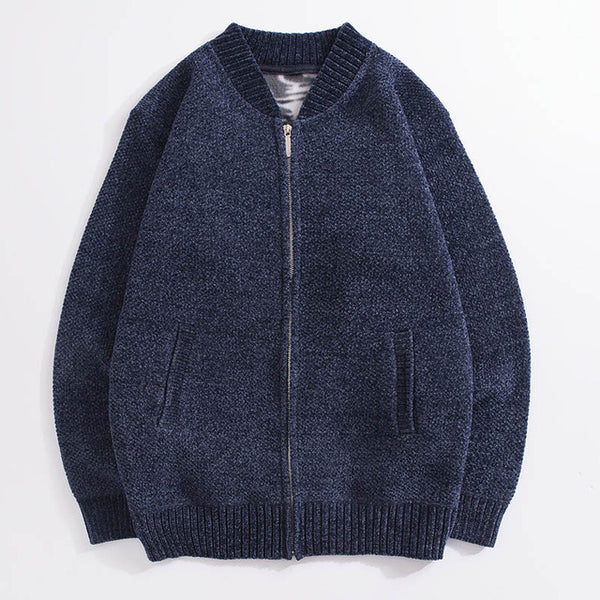 Autumn and winter knit jacket men's thick stand collar solid color plus velvet sweater cardigan men's casual jacket