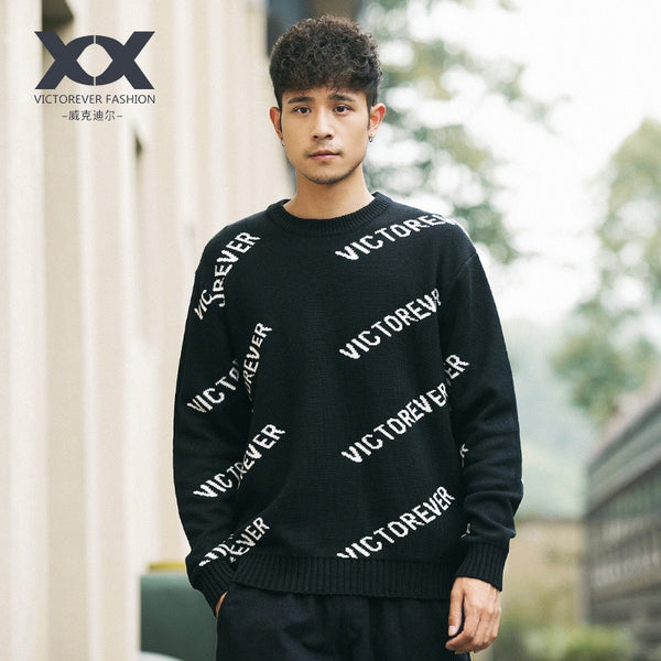 Autumn and winter original round neck sweater male loose falling shoulder letter jacquard men's sweater Korean version