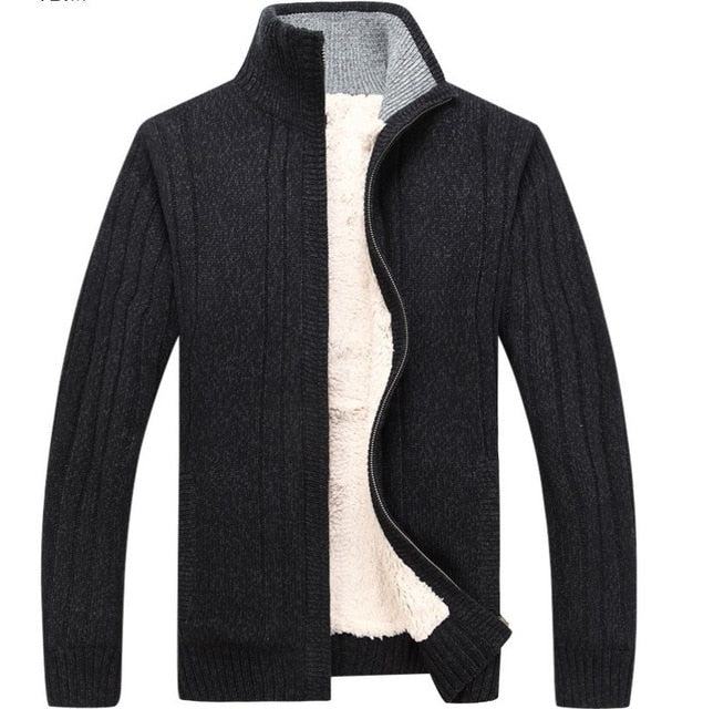 Winter Classic Mens Cardigan Fleece Lining Thicken Warm Coat Stand Collar Casual Zipper Sueter Hombre Sweater Outerwear Coats