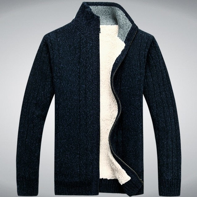 Winter Classic Mens Cardigan Fleece Lining Thicken Warm Coat Stand Collar Casual Zipper Sueter Hombre Sweater Outerwear Coats