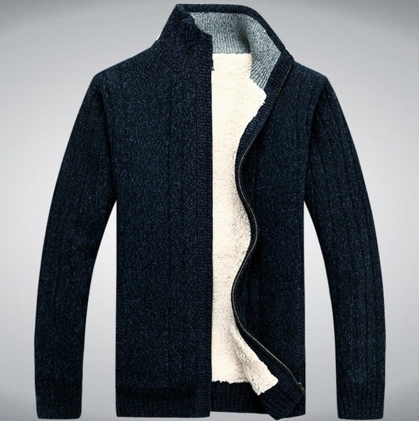 Winter Classic Mens Cardigan Fleece Lining Thicken Warm Coat Stand Collar Casual Zipper Sueter Hombre Sweater Outerwear Coats