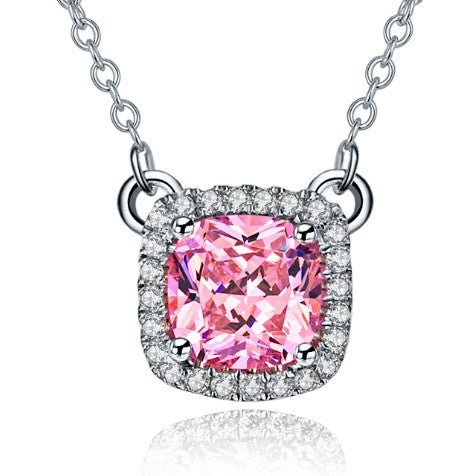 THREEMAN Hot Sale 2CT Solid White Gold Cushion Pendant Necklace Pink Synthetic Diamonds Engagement Pendant Women Jewelry Sweater