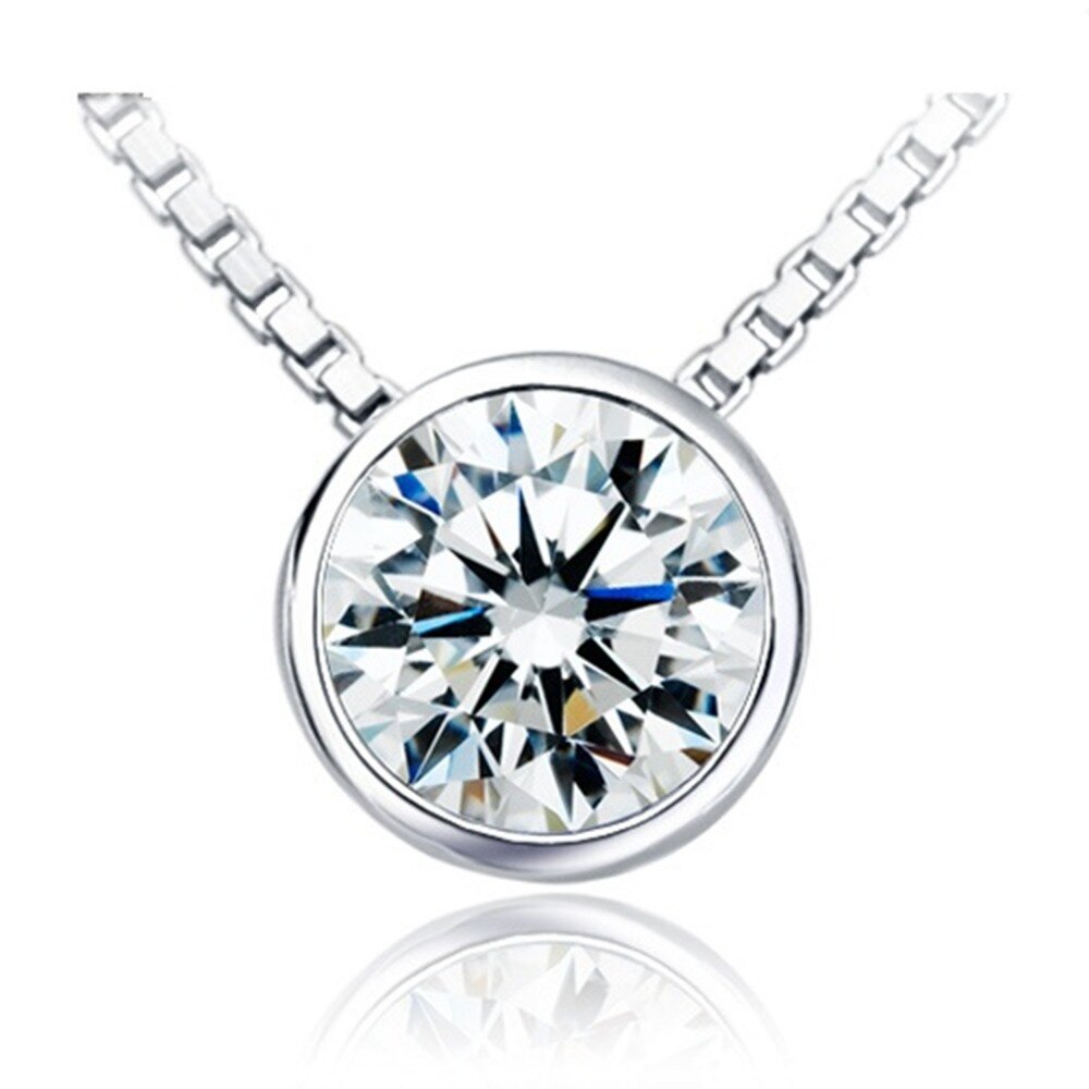 THREEMAN 1CT Round Solid White Gold Necklace Synthetic Diamonds Pendant Gold Necklace Anniversary Sweater Chain Pendant 16cm