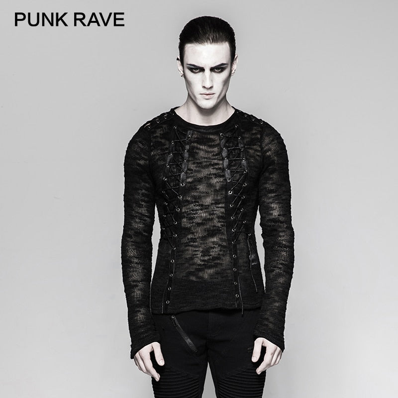 PUNK RAVE Punk Rock Black Newborn Lace-up Knitting Men Sweater T-Shirts Sexy Hollow-out Strappy Banaged Performace Tops Tees