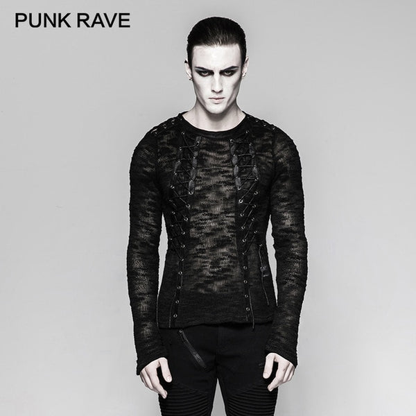 PUNK RAVE Punk Rock Black Newborn Lace-up Knitting Men Sweater T-Shirts Sexy Hollow-out Strappy Banaged Performace Tops Tees