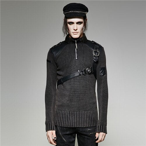 Punk Men Heavy Belt Vintage Skull Sweaters Long Sleeve Gothic O-Neck Sweaters With Zipper Winter Black Cotton Sweaters