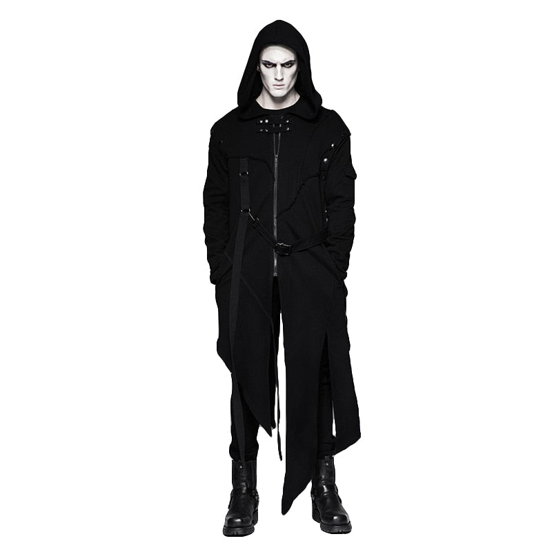 Punk Black Men's Hooded Long Sweater Coats With Stripes Worsted Detachable Cotton Jackets Darkly Casual Overcoat
