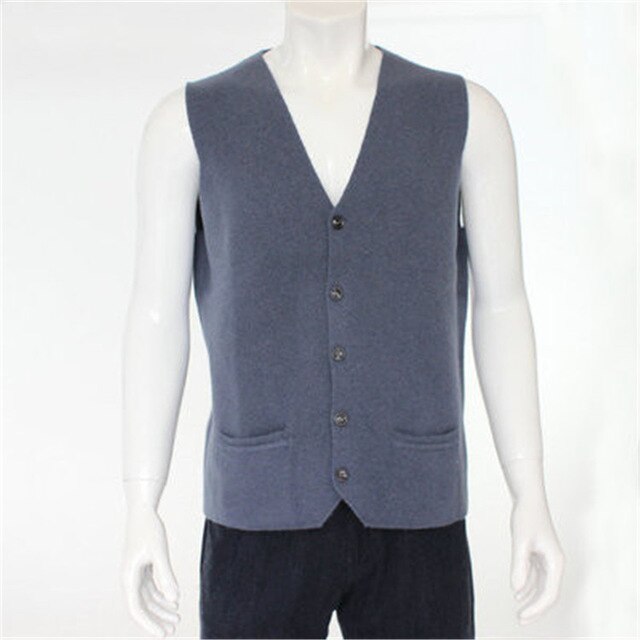high quality 100%goat cashmere knit men fashion sleeveless thick cardigan vest sweater H-straight dark grey 6color S/2XL