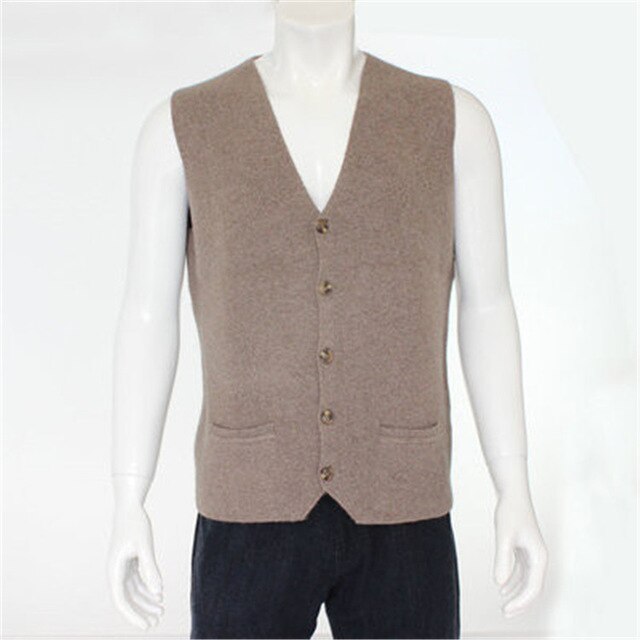 high quality 100%goat cashmere knit men fashion sleeveless thick cardigan vest sweater H-straight dark grey 6color S/2XL