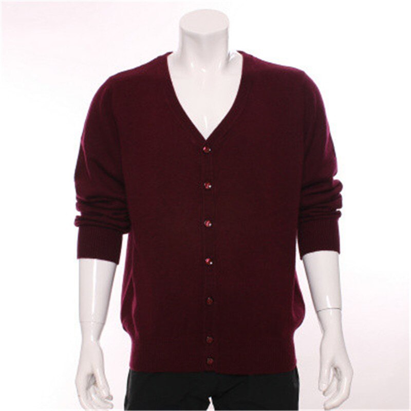 100%goat cashmere thick knit men fashion v-neck single breasted cardigan sweater H-straight claret 2color S-2XL