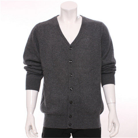 100%goat cashmere thick knit men fashion v-neck single breasted cardigan sweater H-straight claret 2color S-2XL
