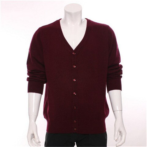 100%goat cashmere thick knit men fashion v-neck single breasted cardigan sweater H-straight claret 2color S-2XL