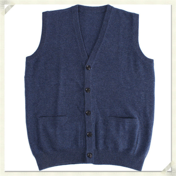 100%goat cashmerev-v-neck knit men fashion solid sleeveless cardigan vest sweater H-straight blue 2color S/2XL