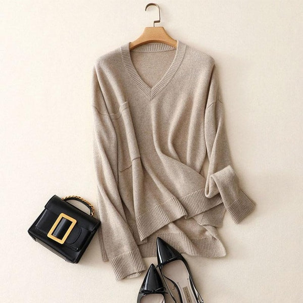 Shuchan 100% Cashmere V-neck Sweater Oversize Knitted Sweater Pocket Pullover  2018 Casual Winter Cashmere Sweater