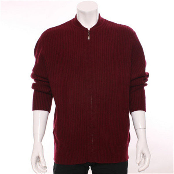 high grade 100%goat cashmere striped thick knit men zipper cardigan sweater turtle neck H-straight dark red S/2XL