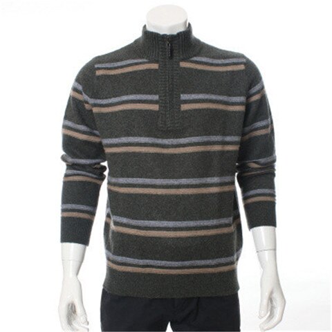 100%goat cashmere thick knit men fashion striped zipper half-high collar pullover sweater dark grey 2color S-2XL