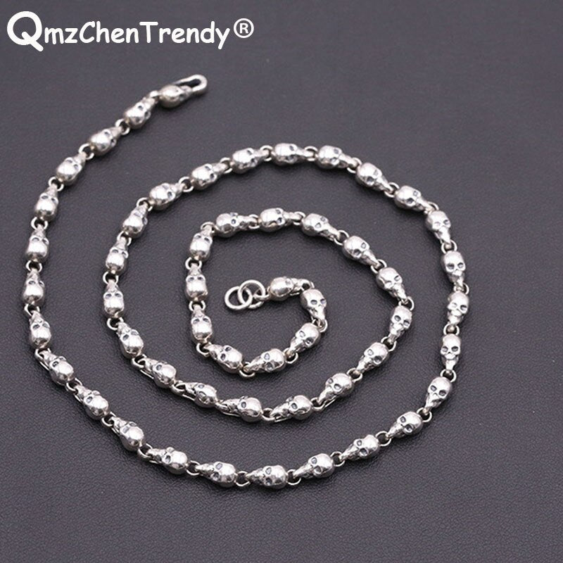 4.5mm Pure S925 Sterling Silver Punk Men Women Skull Head Chain Necklace Skeleton Head Thai Silver Choker Sweater Chain Jewelry