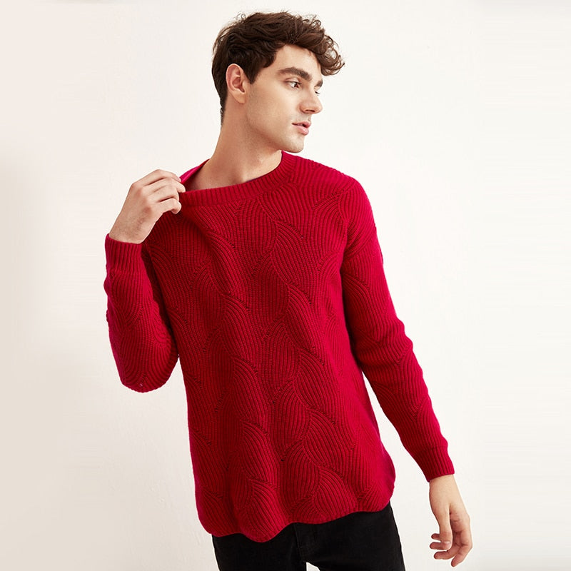 ZHILI Men's Round Neck Christmas Red Cashmere Sweater