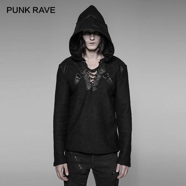 PUNK RAVE New Pullovers Black Sweaters Men Rock Gothic Pu Leather Stitching Personality Casual Pullovers Man T-Shirt Hoodie Tops