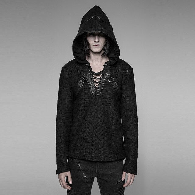 PUNK RAVE New Pullovers Black Sweaters Men Rock Gothic Pu Leather Stitching Personality Casual Pullovers Man T-Shirt Hoodie Tops